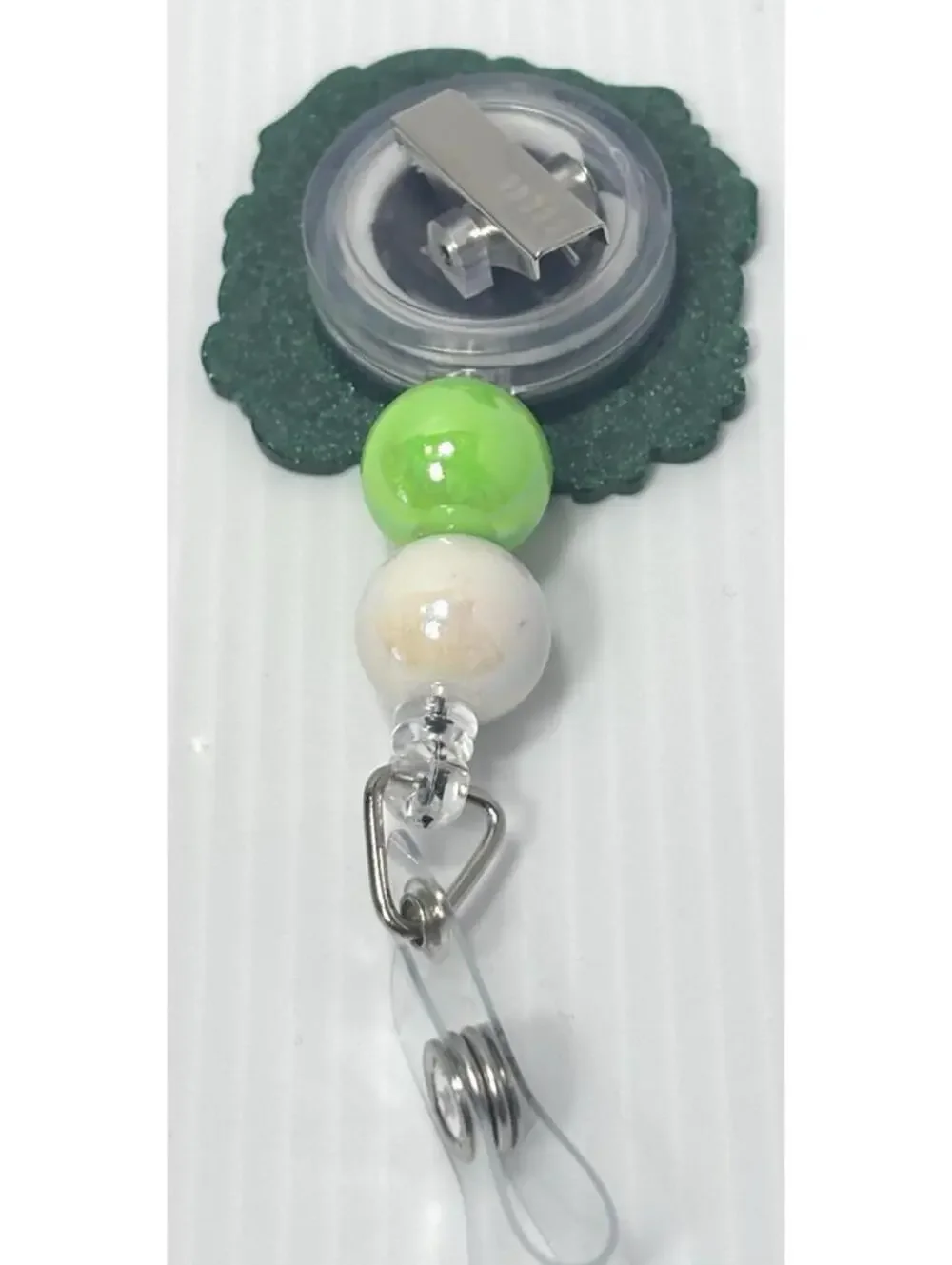 St. Patrick's Day Badge Reel - Retractable ID Holder -Green Shamrocks Beaded NEW